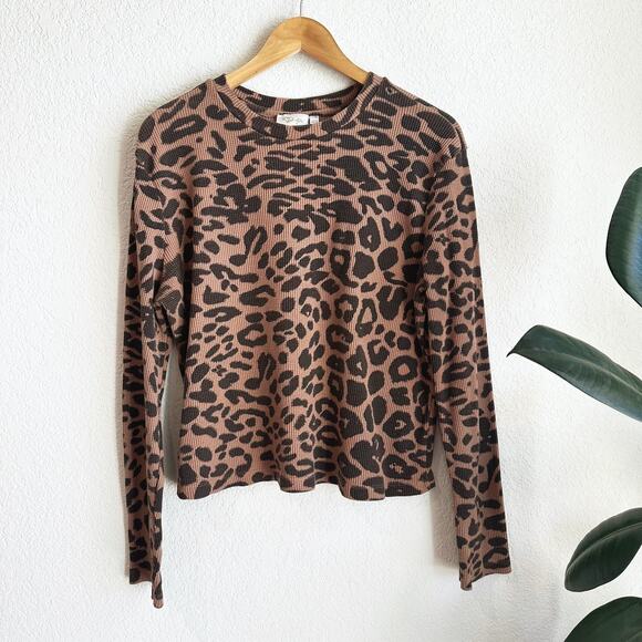 Chettah Leopard Print Womens Thermal Shirt Large Long Sleeve waffle Knit Grunge - Picture 1 of 7